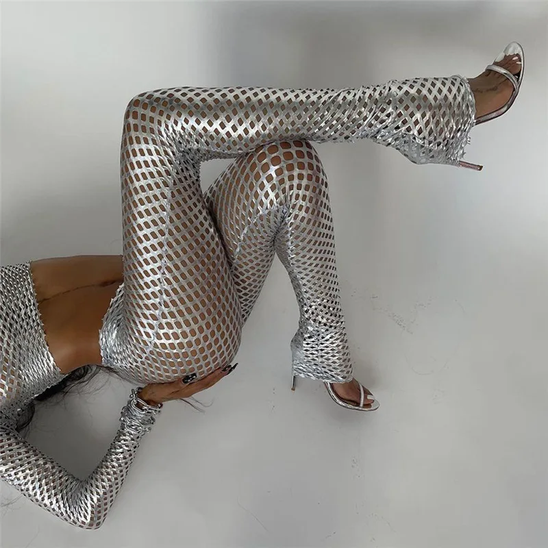 New Arrivals Nightclub Sexy Fall Women Clothes Sliver Long Sleeve Hollow Out Slim Pants Two Piece Sets