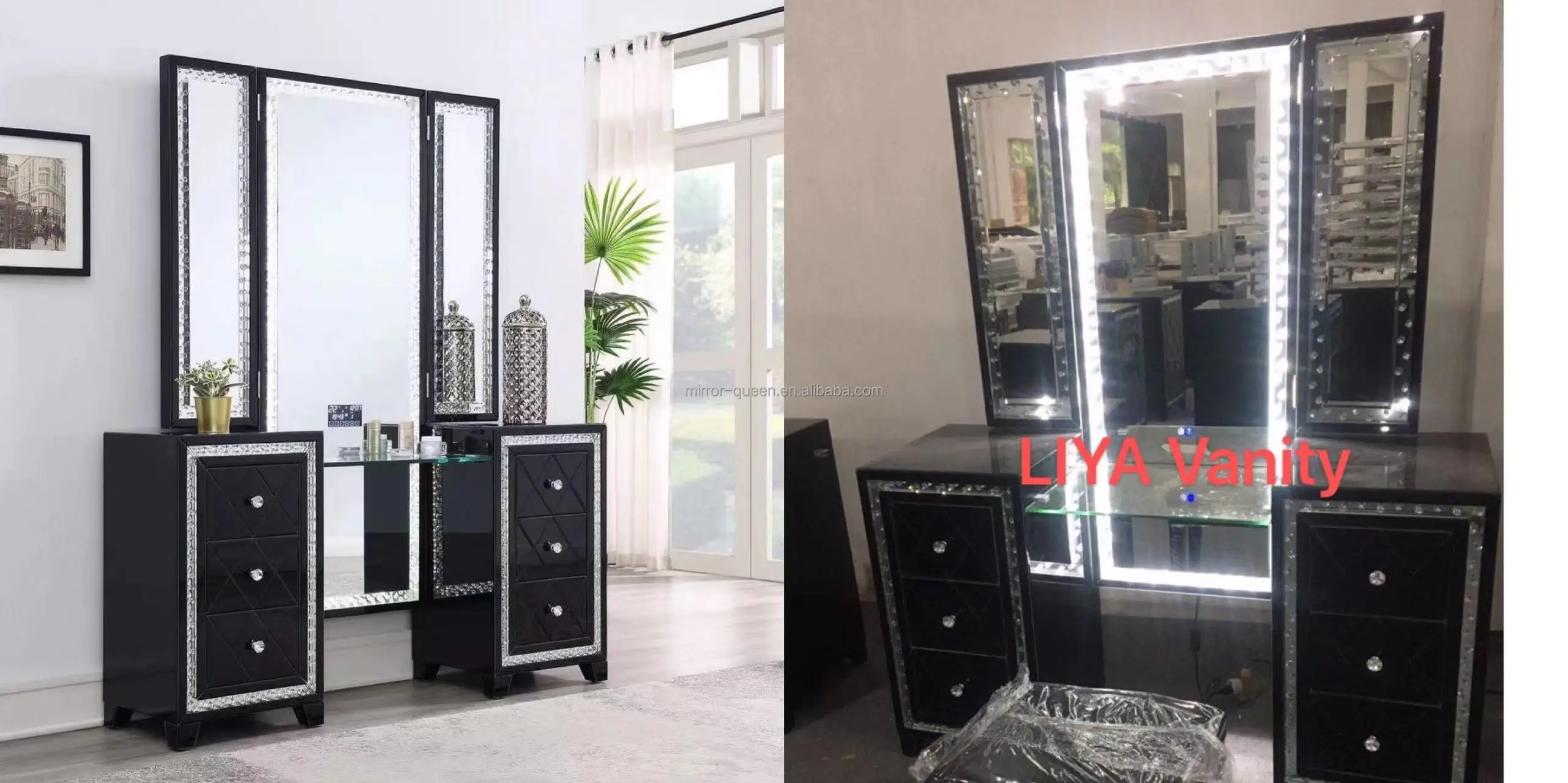 Modern Mirrored Glass Lighted Trifold Led Mirror Makeup Vanity Crushed