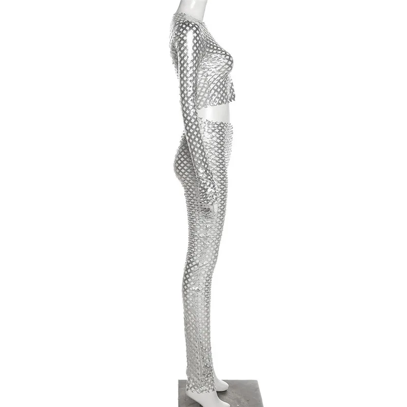 New Arrivals Nightclub Sexy Fall Women Clothes Sliver Long Sleeve Hollow Out Slim Pants Two Piece Sets