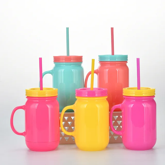 Set of 3 Plastic Drinking Cups Mason Jars With Lid And Straw  Flamingo,PalmSummer