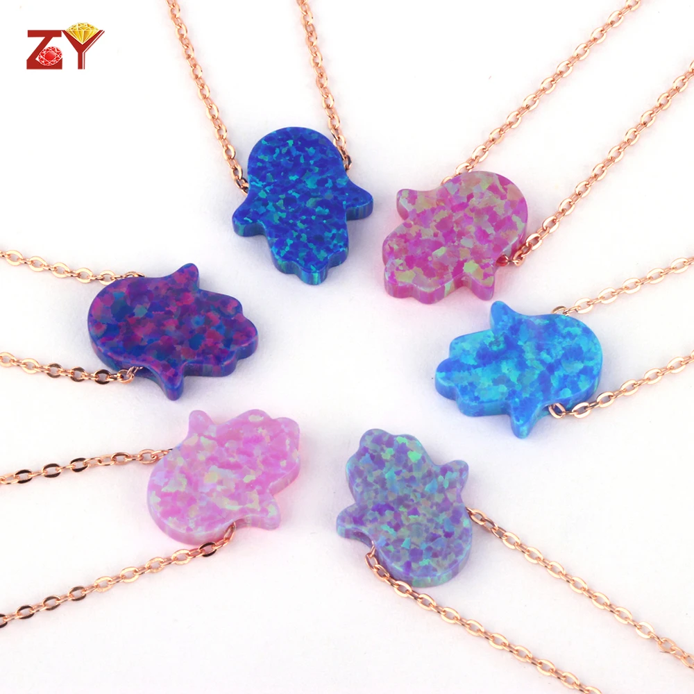 Factory Process 925 Sterling Silver Link Chain Hamsa Hand Opal Necklace 11x13mm Fatima Hand Fire Opal Stone Silver Jewelry