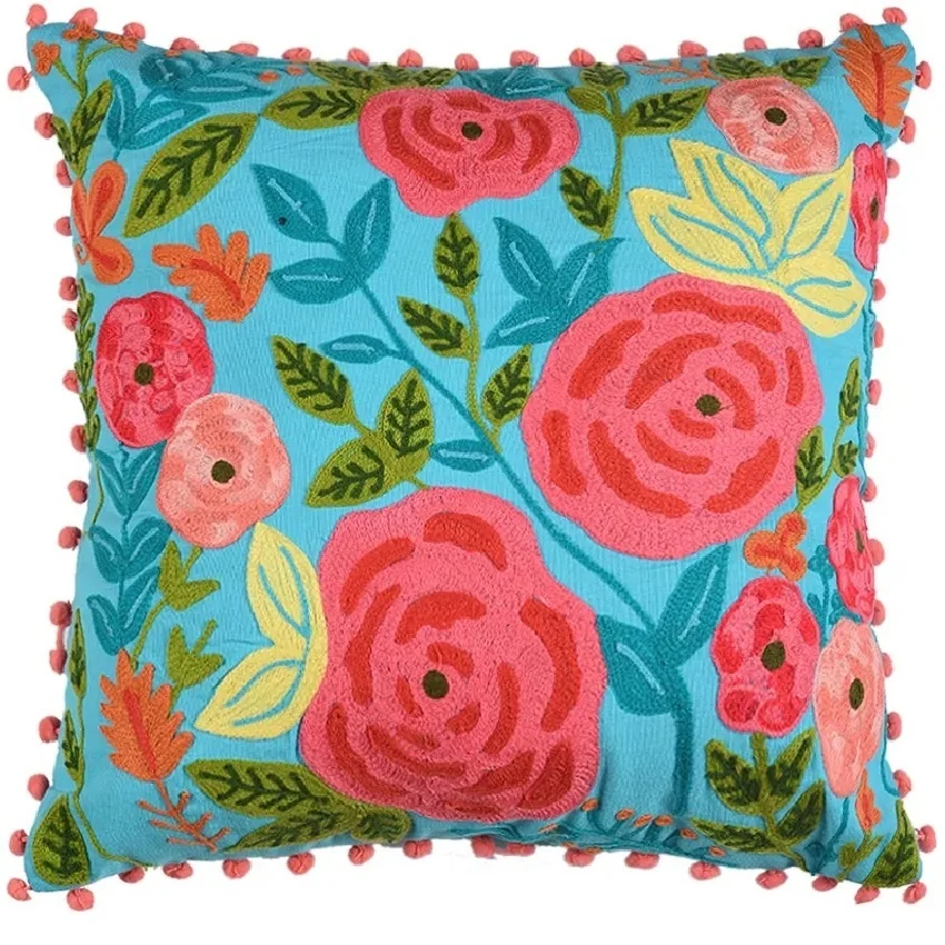 Indian Luxury Home Hand Embroidered Floral Pillow Cushion Cover Sky