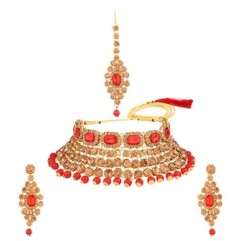 Indian Jewellery Manufacturers Crystal Rhinestone Bridal Choker Necklace Jewelry Set Indian Jewelry For Women, Red