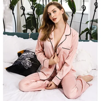Wholesale Luxury Long Sleeve Pajamas 2 Piece Set Turn-down Collar Custom Silk Satin Women Pajamas Set Sleepwear