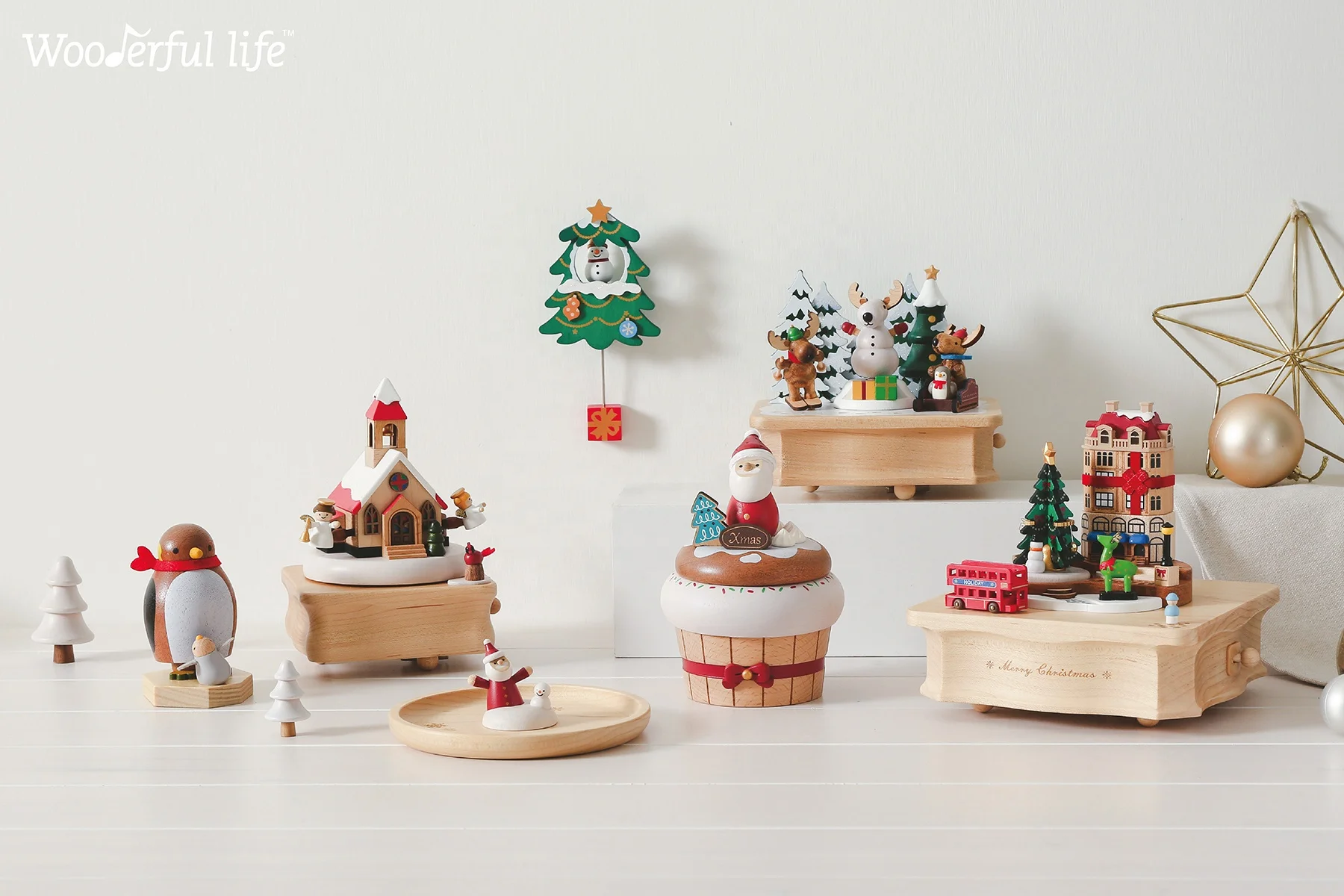Wooderful life 木製オルゴール サンタとトナカイ