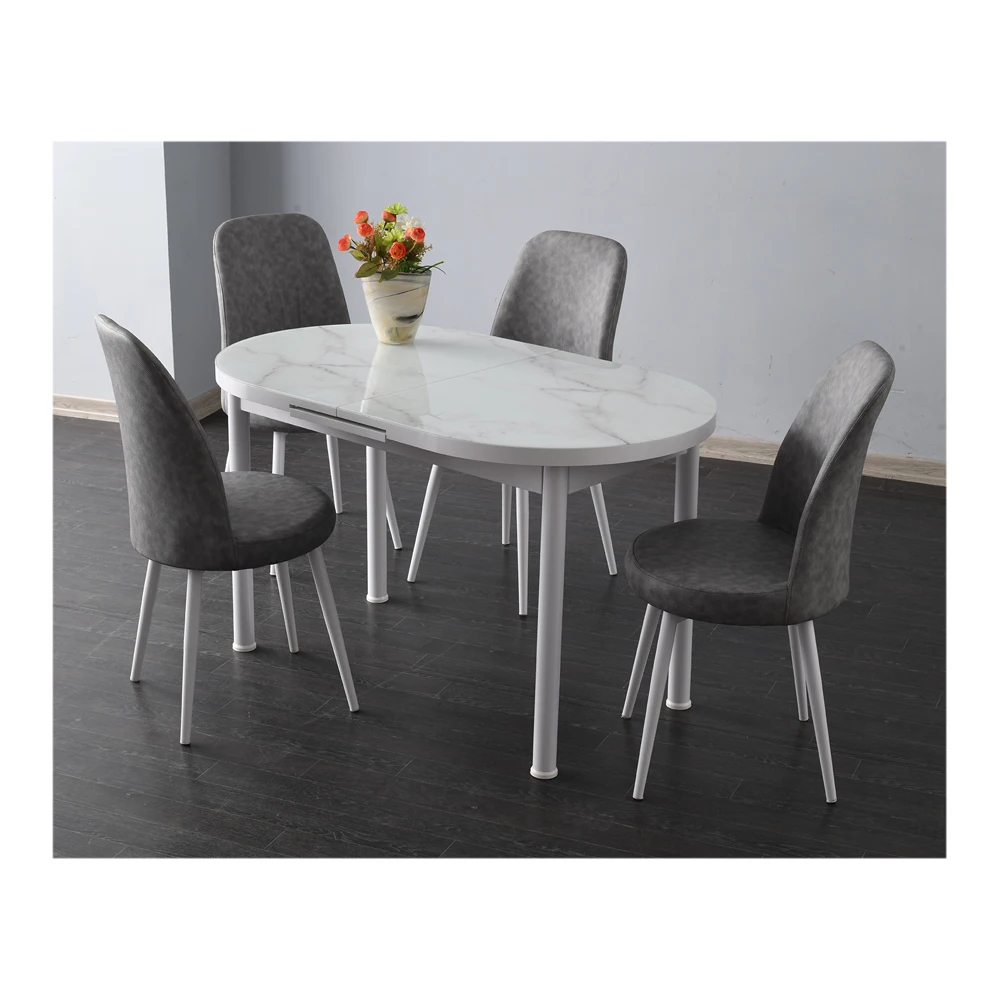 Classic White Marble Look Grey Chairs Extendable Round Dining