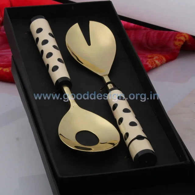 Latest 2 Pcs Stainless Steel Gold PVD Salad Server with Resin Handle or Service Spoon Sets