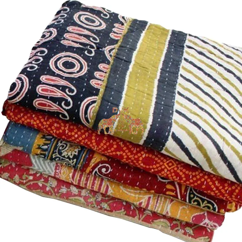 Authentic Indian Kantha Quilt Vintage Patchwork Bedspread from Old Sarees