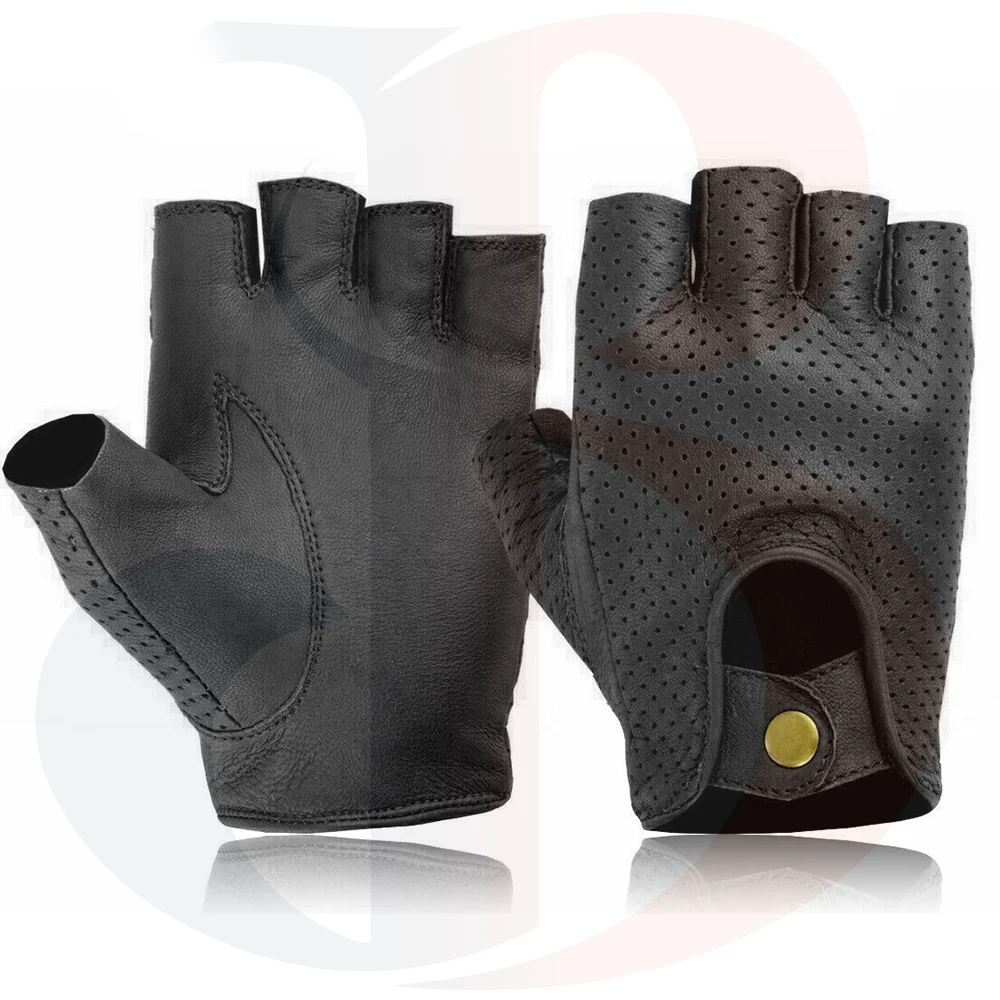 Mesh Driving Sheep Skin Leather Half Finger Gloves For Men And Women