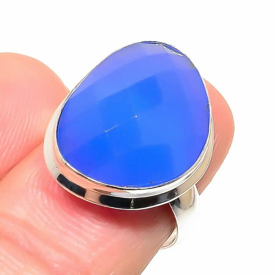 Dark Blue Chalcedony Boho Ring Oval Shape Faceted Gemstone Chunky Ring Fine Jewelry Women Men Natural Chalcedony Blue Stone Ring