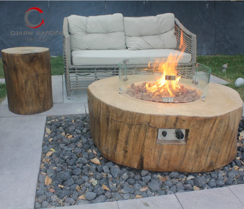 Concrete Gas Fire Pit Bowl Using As Coffee Table with Wood Vein Texture for Outdoor Living