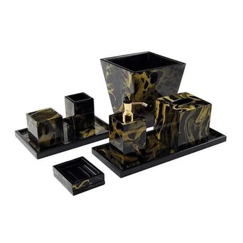 Hot Selling High Glossed Ceramic Bathroom Accessories Set Best Price Black & Gold Nordic Design Ceramic Bathroom Set