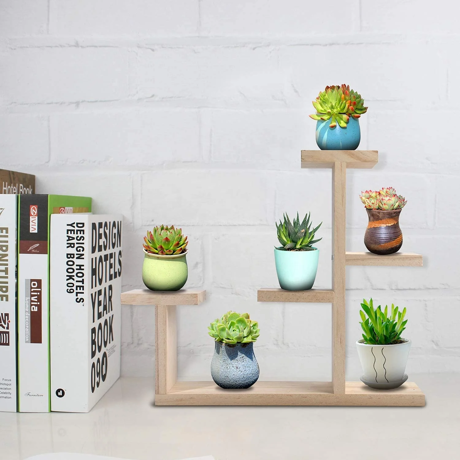 Study Room,Office Display or Decor Bedroom Wood Mini Tabletop Plant Stand Indoor Narrow Windowsill Plant Shelf Table top Cute Succulent Rack for Small Pot in Countertop Centerpieces Living Room 