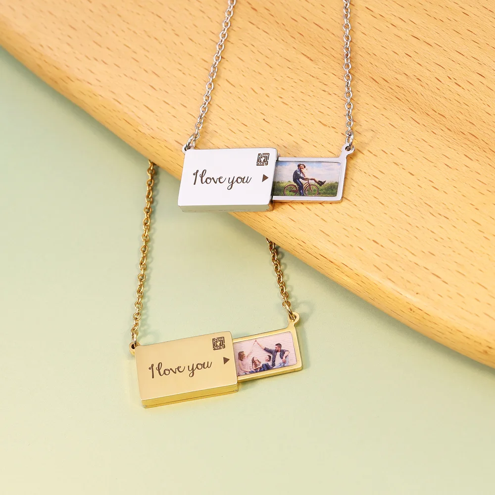 Stainless Steel Custom Photo Necklace Message Envelope