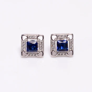 Fashion Cubic Zircon Blue Sapphire Hydro Gemstone Pave cushion Jewelry 925 Sterling Silver Women Small Stud Earring SKER-311