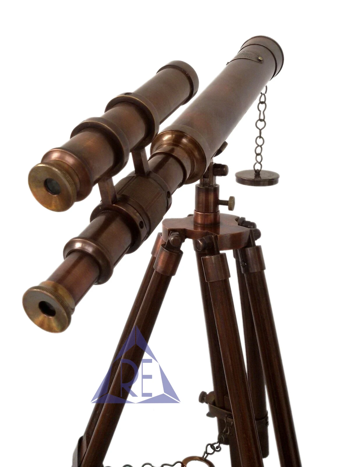 Antique Brass Telescope Double Barrel With Wooden Tripod Decor Table