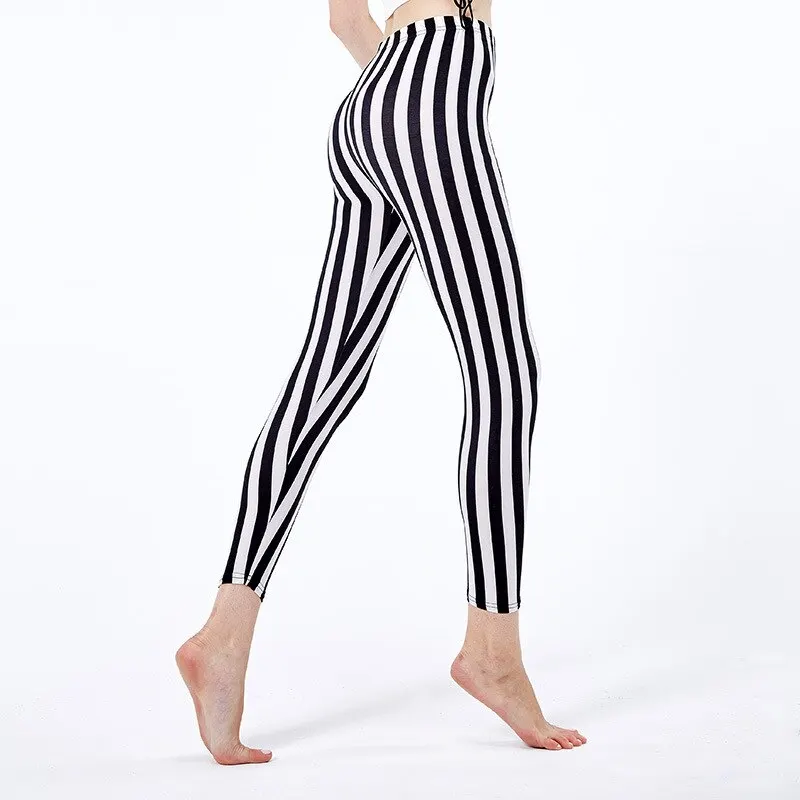 Ladies White Black Vertical Striped Leggings