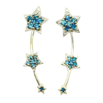 Wholesale Pure Solid 925 Sterling Silver Star Design Good Quality Blue Topaz Gemstone Ear Cuff Earrings Jewelry Manufacturer