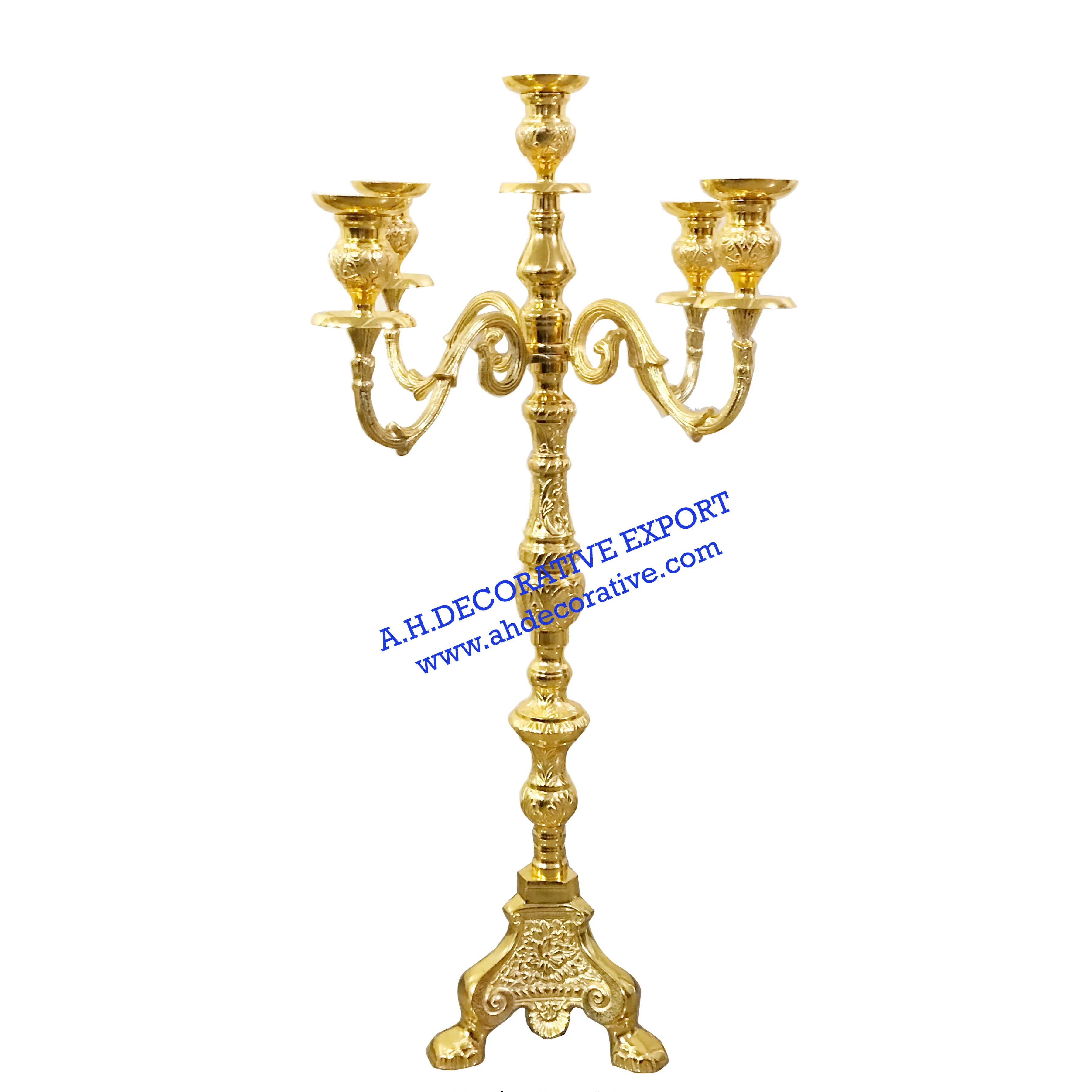 Gold Candelabra 5 Candle On Tripod Base With Glass Votive Wedding