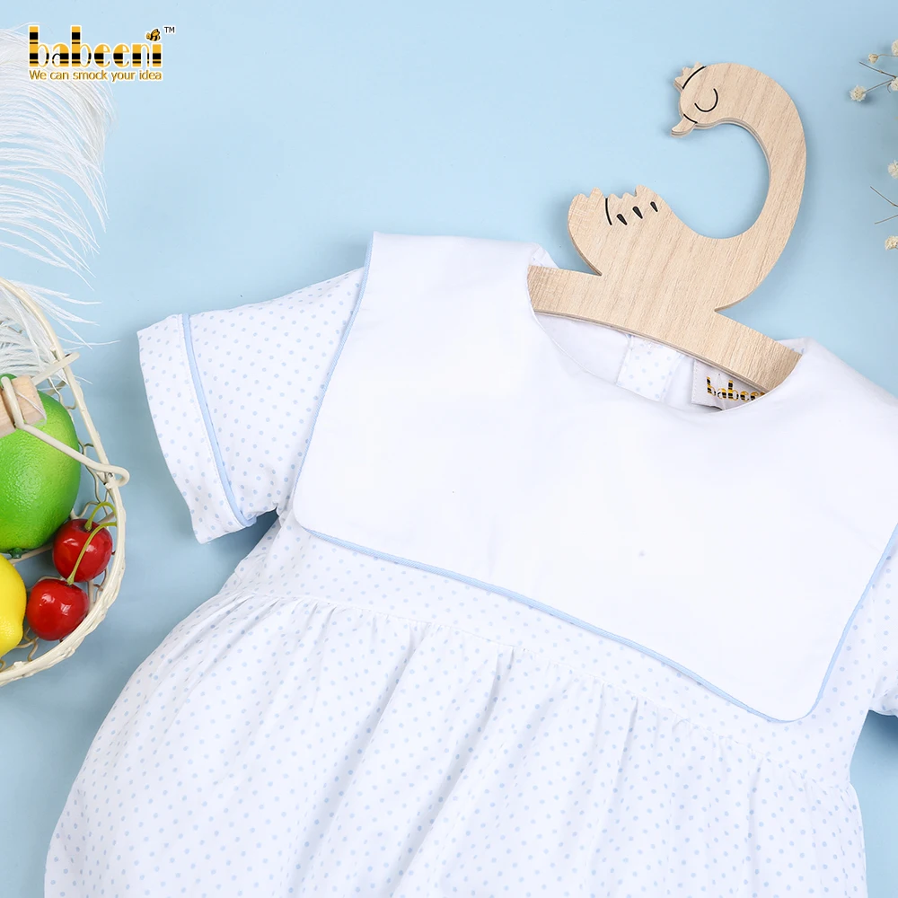 Baby Girls Bubble Sleeveless Baby Blue Dot White Rompers Set OEM ODM Customized Embroidery Snap Button 100% Organic Cotton