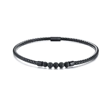 Lava Stone Bead Necklace Mens Black Braided Leather Cord Necklace With Stainless Steel Magnetic Clasp