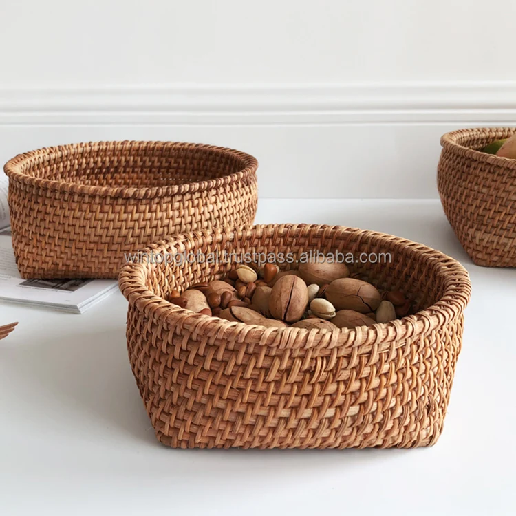Amazon Hot Sale Fruit Countertop Rattan Basket Large Square Vintage