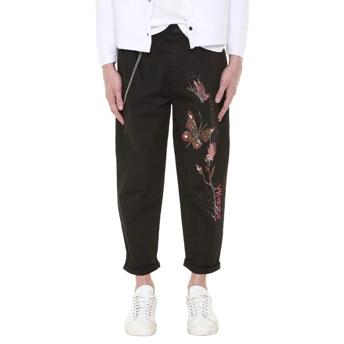 Pantaloni Con Dipinto A Mano Farfalla - Buy Pantaloni Per Gli Uomini O  Ragazzi Con La Catena E Dipinte A Mano Farfalla,Medio Vita Con Passanti Per  Cintura Pulsante E Centrale Con Zip