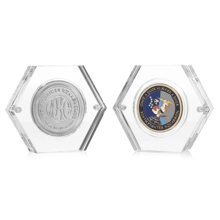 Plexiglass Magnetic Coin Display Frame Stackable Hexagon Single Medallion Display Block Clear Acrylic Hexagon Coin Case