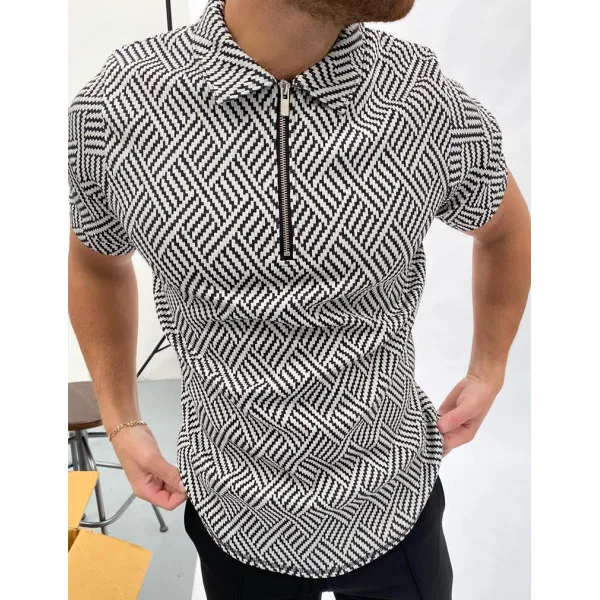 black and white herringbone jacquard polo shirt