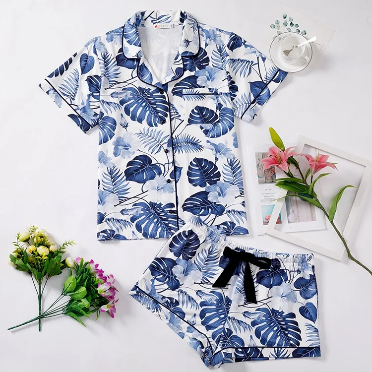 
2021 Пижама с бамбуковым цифровым принтом, с коротким рукавом, из двух частей, пижама из хлопка, женская одежда для сна 