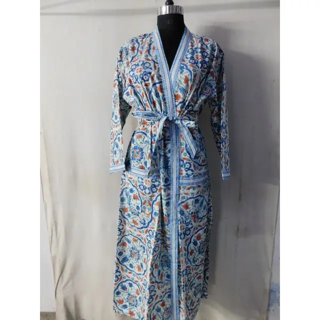 Designer Long Kimono Cotton Green Floral Print Bathrobe Nightwear Gown Intimate Sleepwear Block Print Bridal Dressing Gown Beach Dress New