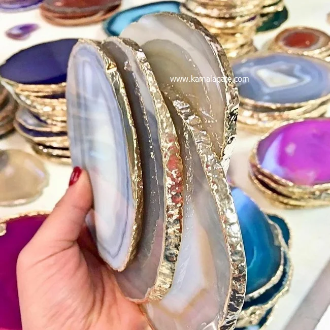 Wholesale Wholesale Assorted Agate Coasters with Golden Electroplated Trim Semi-Precious Stone Crafts for Table Home Decoration for Sale semi-precious stone craft
