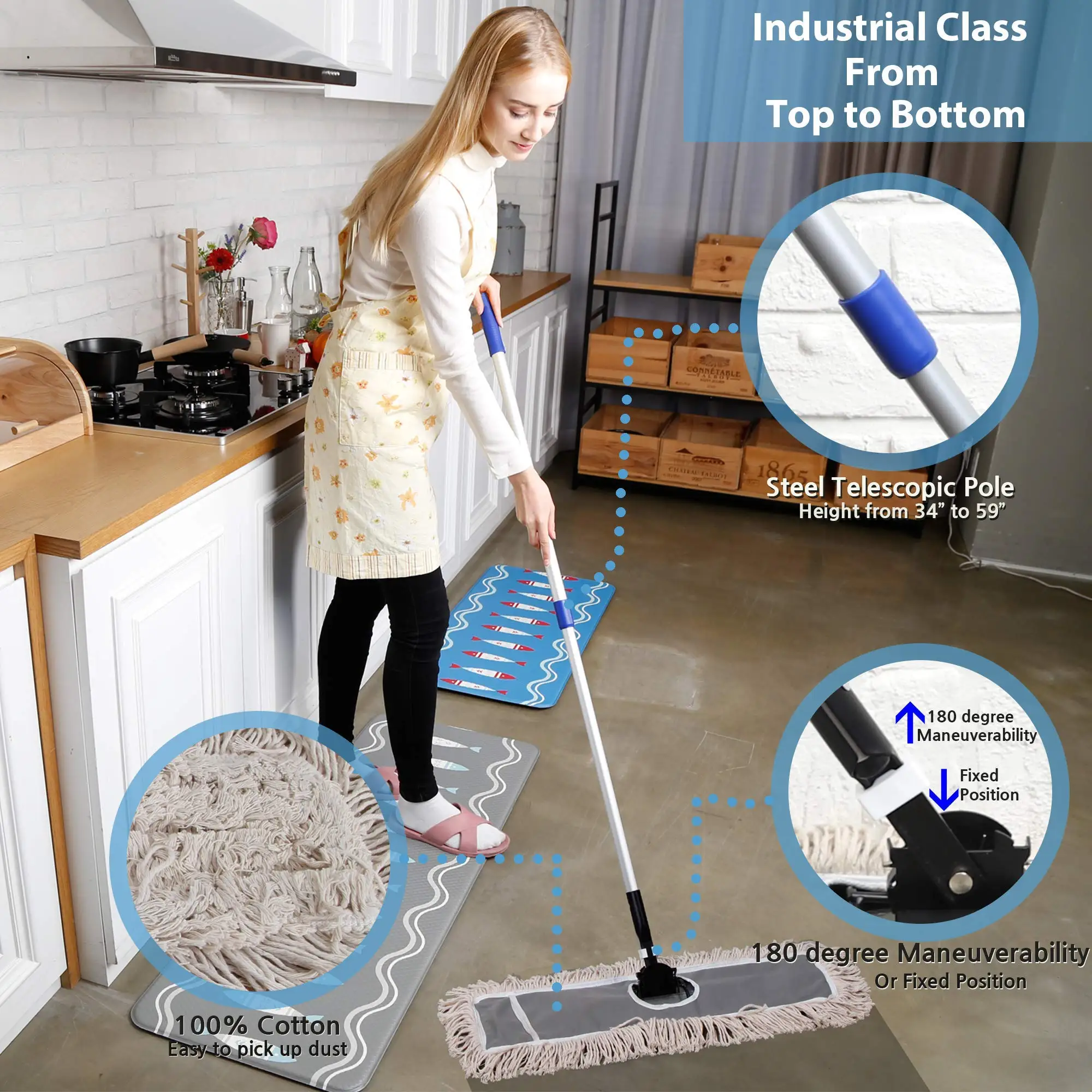 Швабра для пола с нажимным напылением регулируемая стальная ручка промышленные хлопковые напольные швабры 24 дюйма