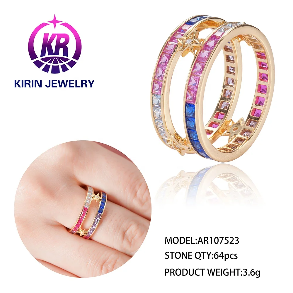 rainbow crystal multi color zircon s925 baguette ring 925 sterling silver ring two row rainbow eternity rings for women