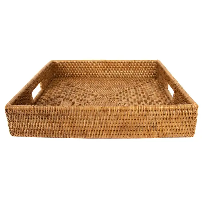 Ecofriendly Square Shaped Natural Rattan Basket Tray Coffee,Food