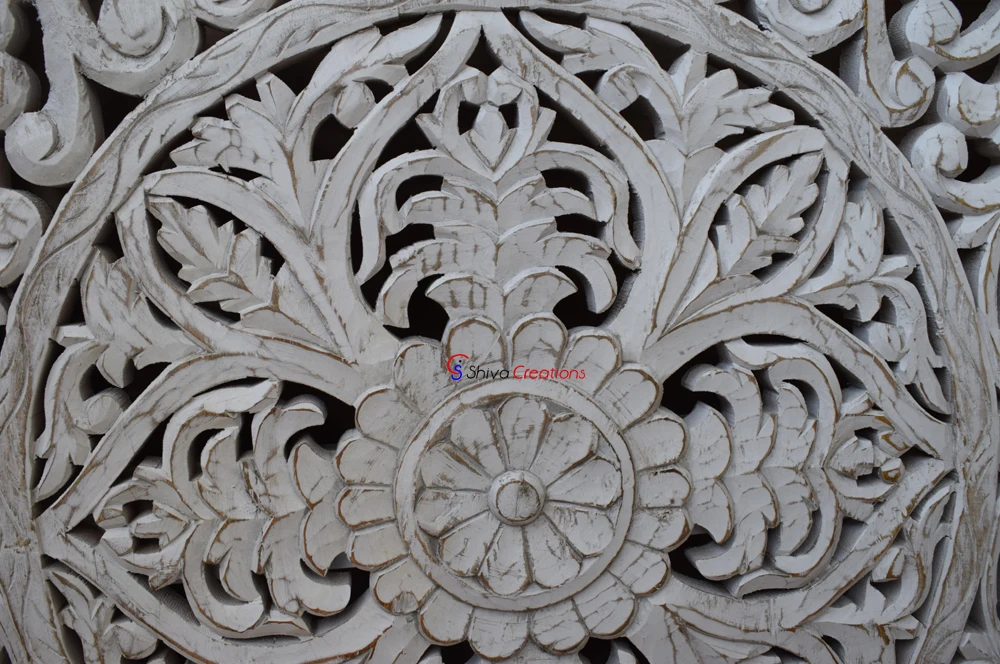 Antique Indian Carved Solid Mango Wood Handmade Eco-friendly Strong Durable Wall Bed Headboard Distress White Finish Customized