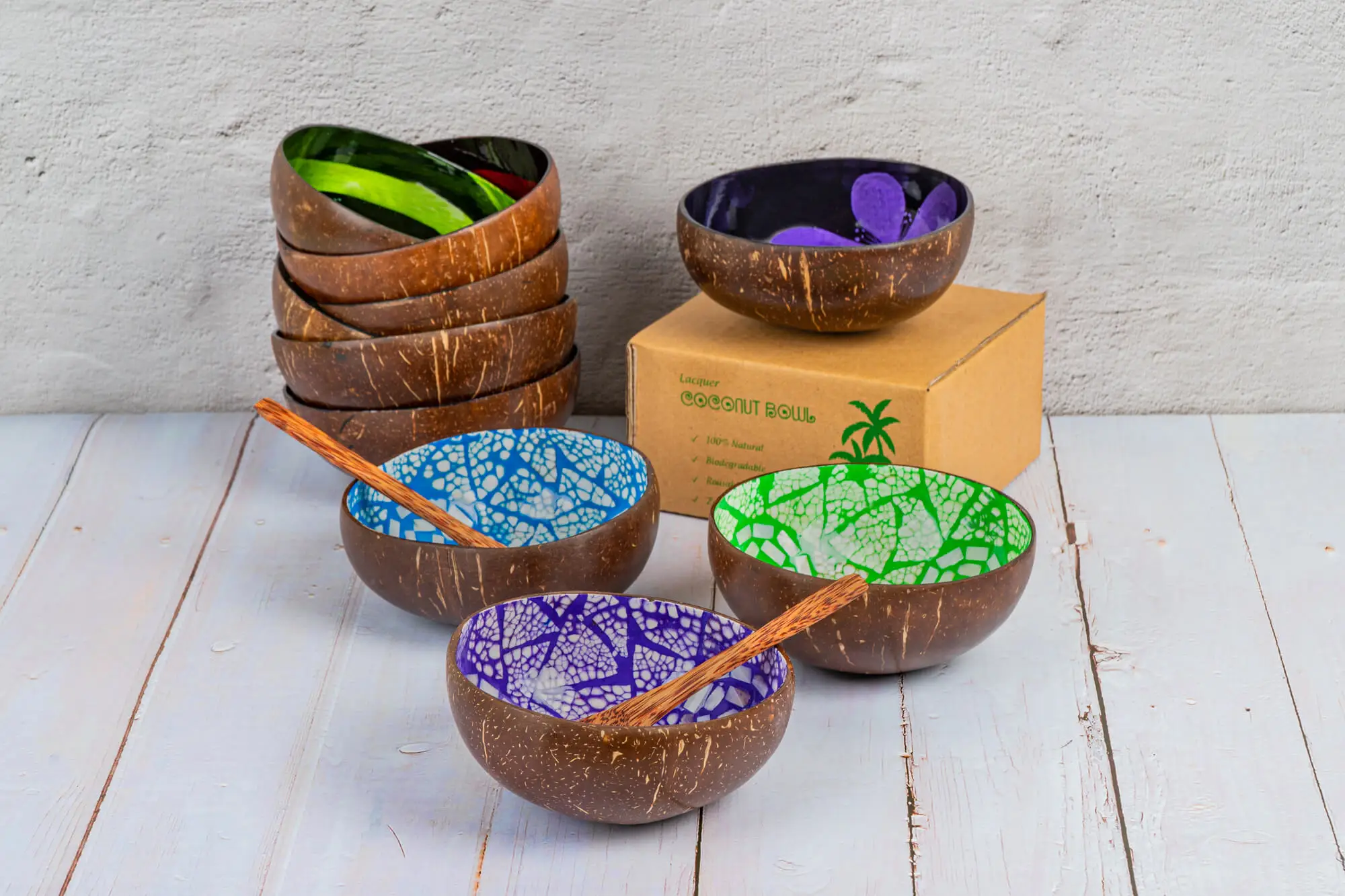 Cocovibes Coconut Bowl hecho a mano, lacado color azul y blanco Cuenco decorativo de coco