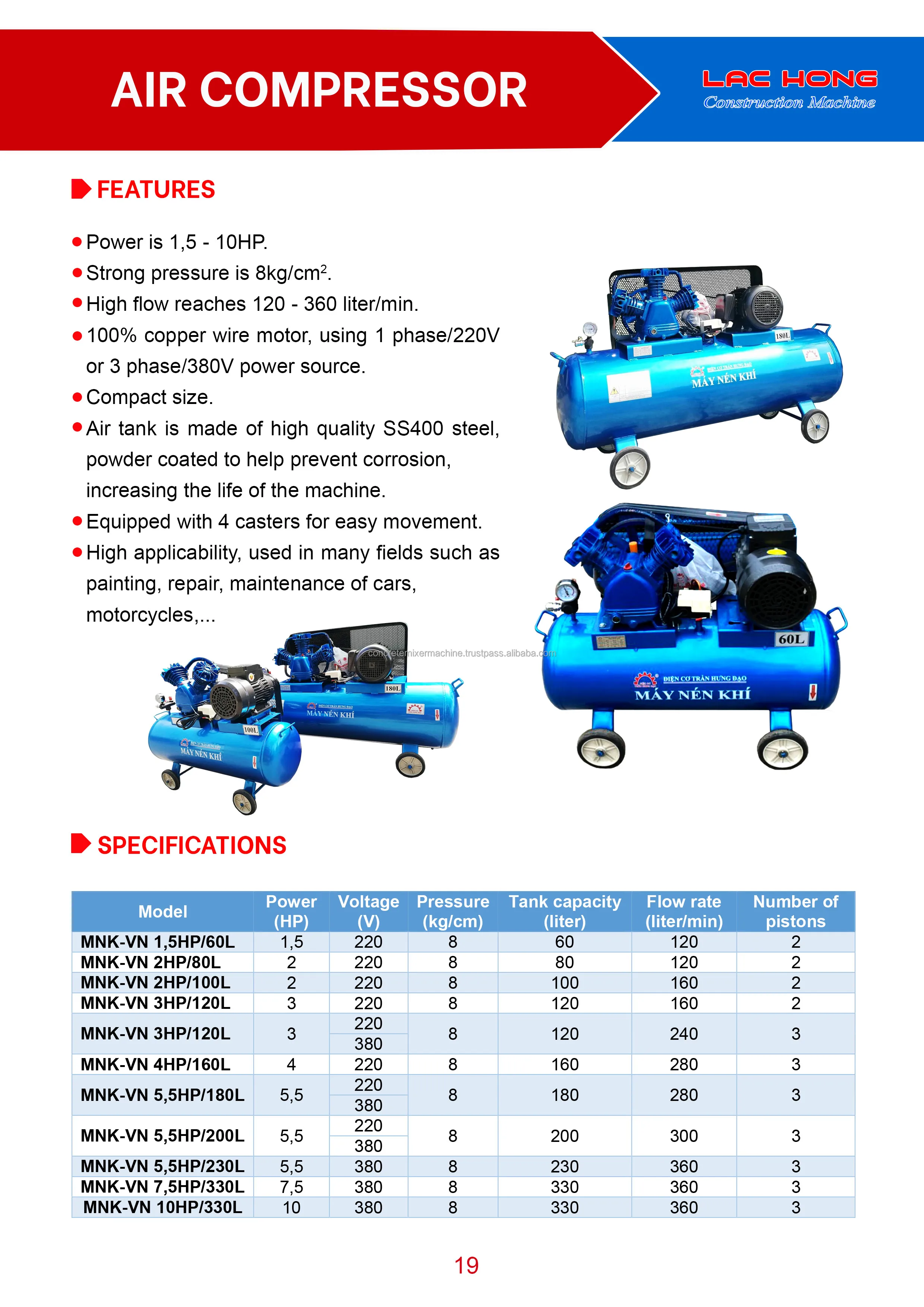 Hot New Product 2022 Air Compressor Tank Vietnam 180liter Power 5.5hp Singlephase Three Phase