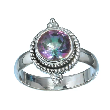 Rainbow Mystic Topaz 925 Silver Ring for Women Round Cut Stone Ring Natural Mystic Topaz Gemstone Sterling Silver Bohemian Ring