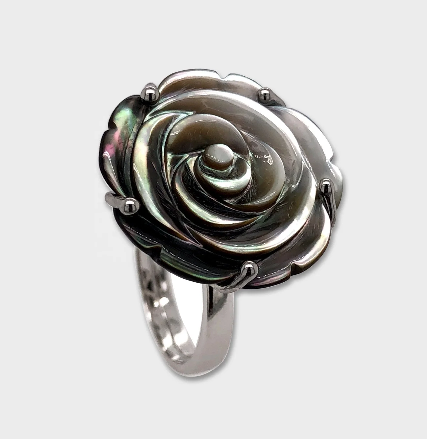 Black Mother of Pearl Rhodium Plate 925 Sterling Silver Ring Rose Carving