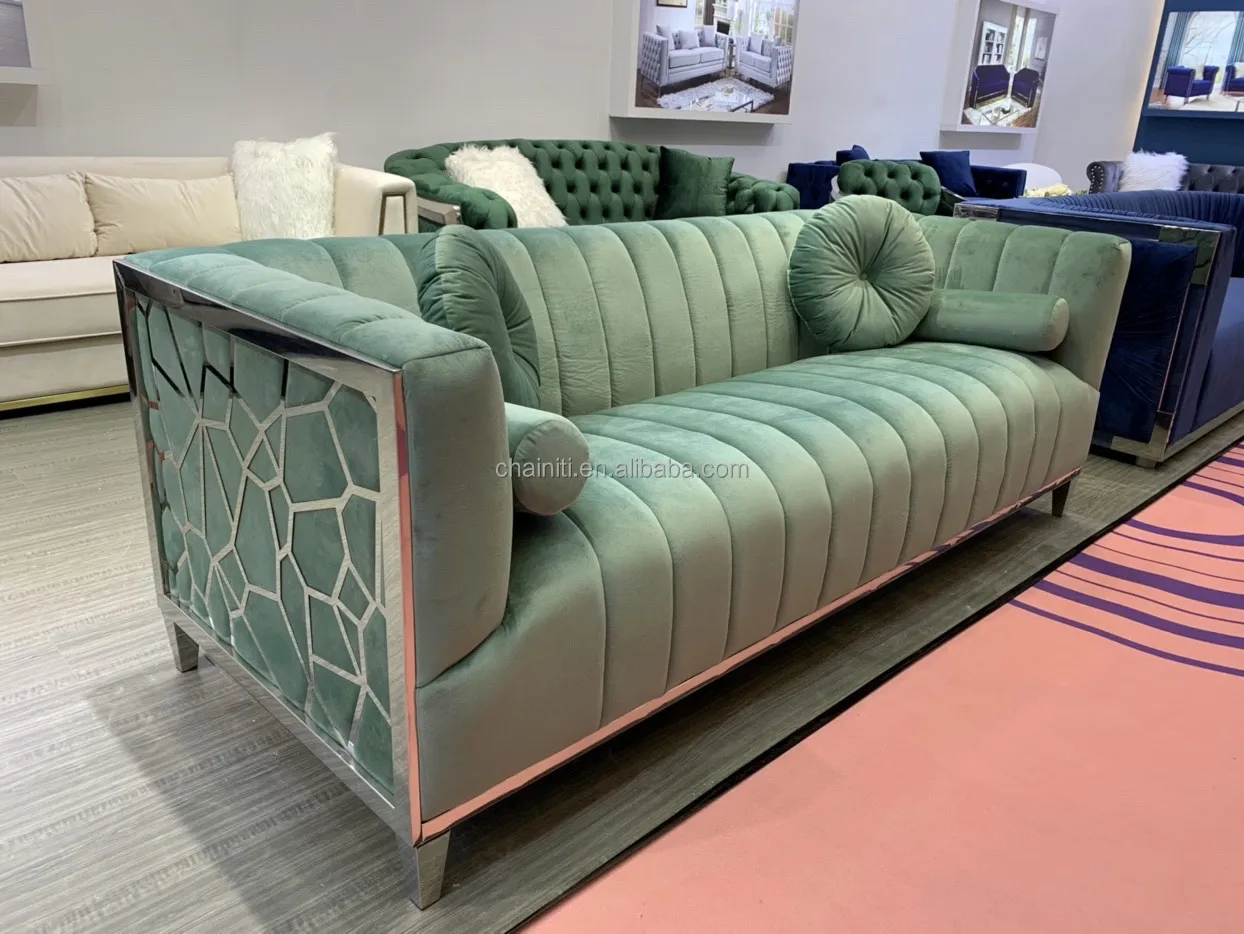 Luxury Button Tufted Upholstered Stainless Steel Frame Sofa For Living