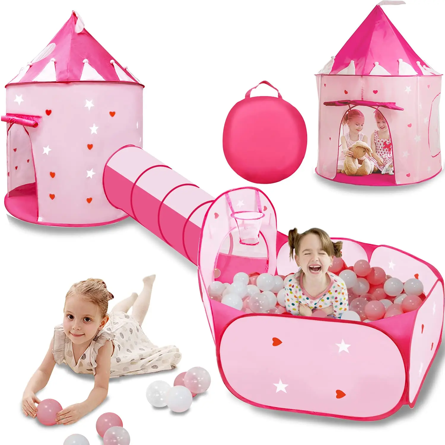 3PC Princess Tent for Girls with Kids Play Tents Pink Pop Up Playhouse Toys for Boys Indoor& Outdoor Games Crawl Tunnel and Baby Ball Pit for Toddlers Birthday Kid’s Gifts 
