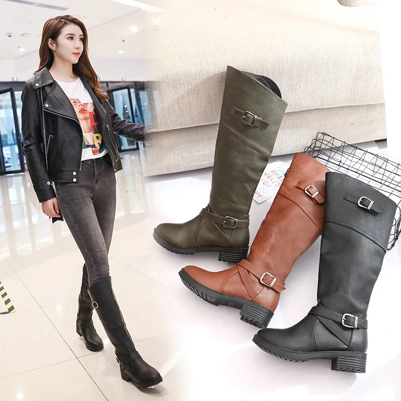 Women mid-Calf Boots Winter Fashion Womens Retro Flat Low-Heeled Shoes Round Head Middle Tube Knight Boots Amiley 