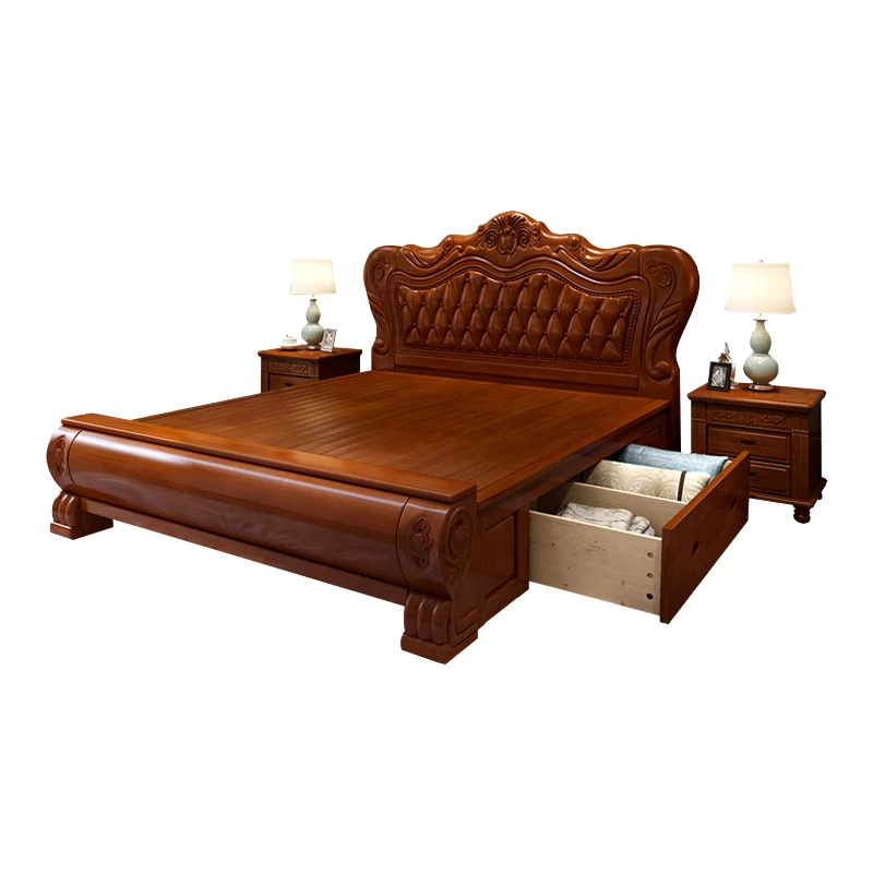 European Style Solid Wood Double Beds Bedroom Furniture With Side Table
