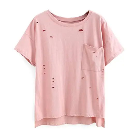 Casual Distressed T Shirt Chest Pockets 