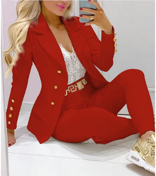 Женский офисный костюм из 2 предметов, блейзер на пуговицах с длинным рукавом и брюки, весна-осень 2021