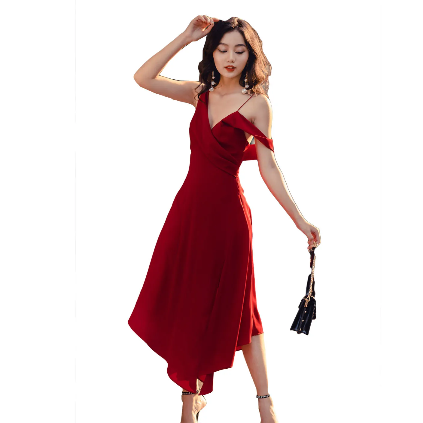 New Arrivals Solid Chiffon Cross V Neck Natural Waist Burgundy Maroon Midi Dresses Women Party Prom Night Zippers Asymmetrical