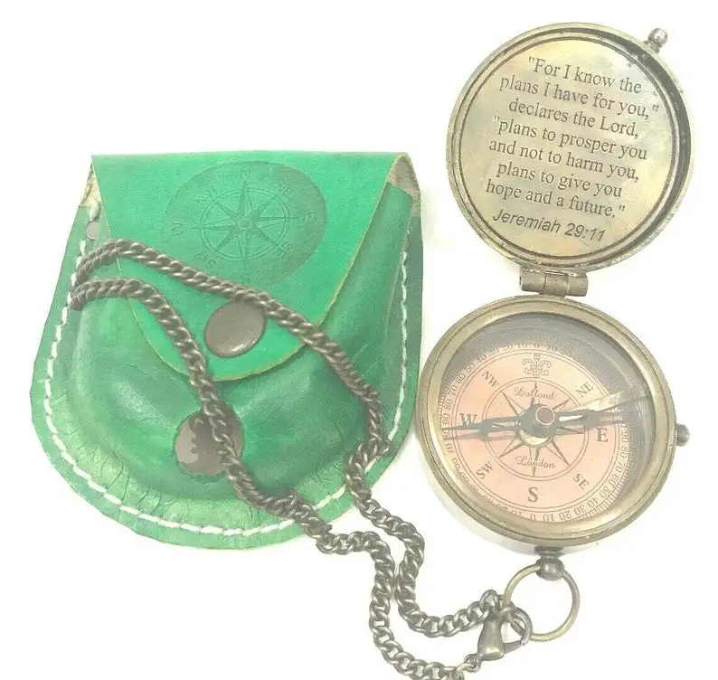Brass Camping Pocket Compass Case Vintage Necklace Antique Compass W/Chain 