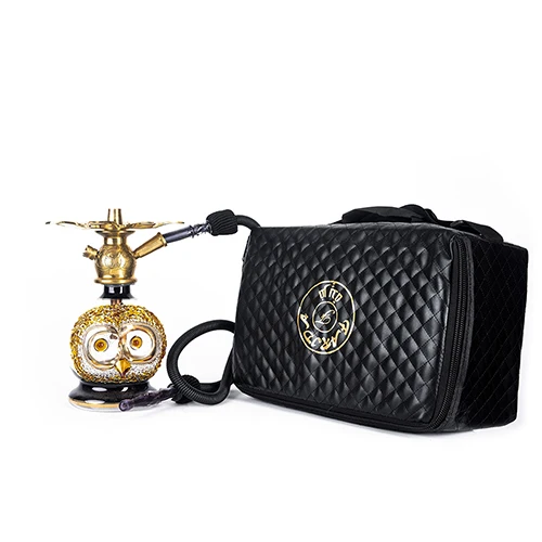 Portable Luxury 1kg Small Hookah with Funky Owl Design Hand Blown Brass Glass Leather and Lacquer Finish