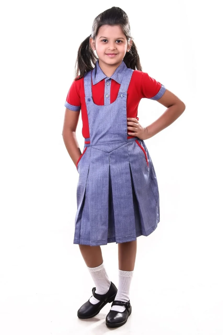 OEM New Designs Girls School Uniforms Red Checks Pleated Short Sleeve Pinafore frock Dress